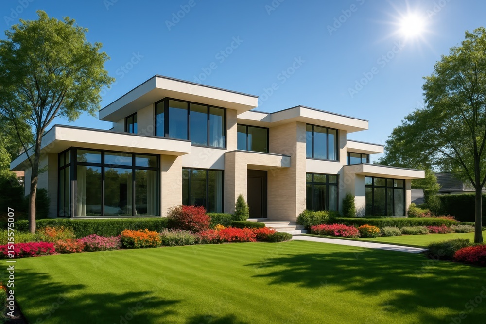 Stunning Luxury Modern House with Meticulously Manicured Landscaping Lush Green Lawn and Beautiful Flower Beds on a Bright Sunny Day Impressive Home Exterior Stunning Luxury Modern House with Meticulously Manicured Landscaping Lush Green Lawn and Beautiful Flower Beds on a Bright Sunny Day Impressive Home Exterior