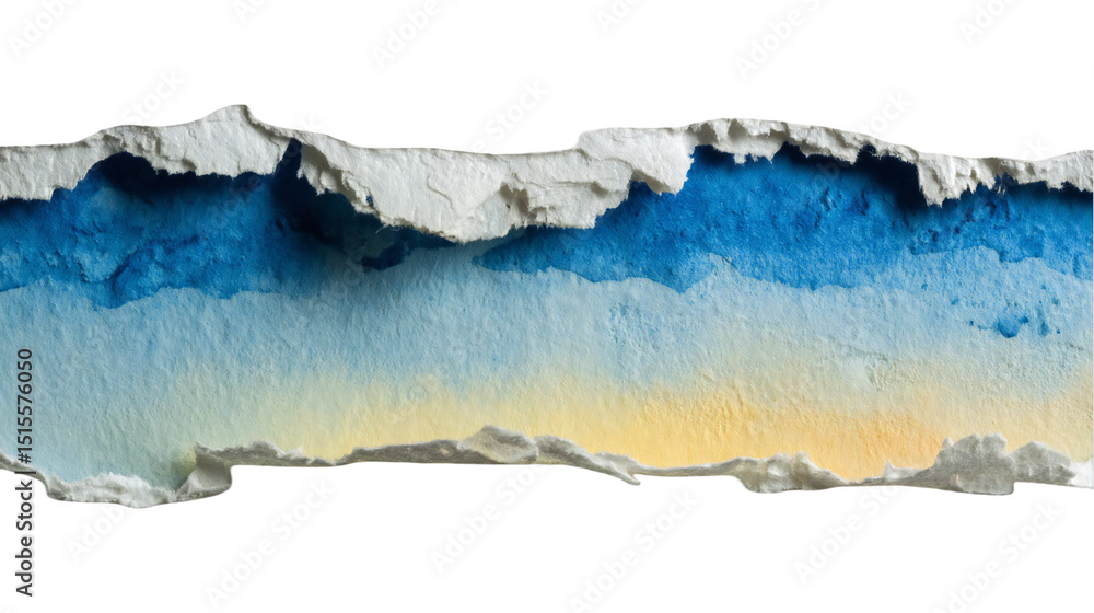 Naklejka premium Torn paper revealing a blue and yellow gradient with a textured white border against black background