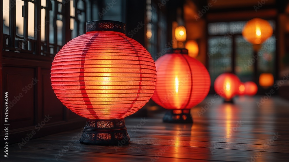 Fototapeta premium A warm, inviting scene of illuminated red Chinese lanterns creating a festive and traditional ambiance on a reflective