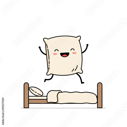 Happy pillow jumping on bed with cheerful expression  