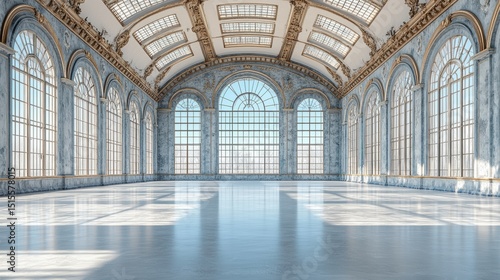 Elegant ballroom interior with arched windows and marble floor bathed in natural light opulent scene