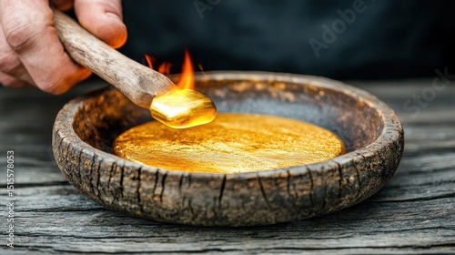 Molten Gold Refining Process Close Up of Glowing Metal in Rustic Wooden Bowl