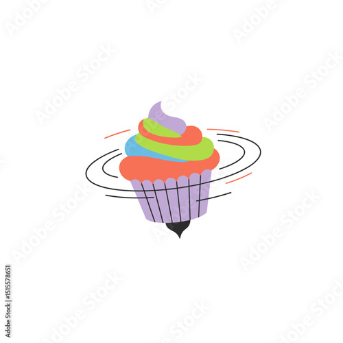 Colorful cupcake with swirls of frosting on a spinning plate  