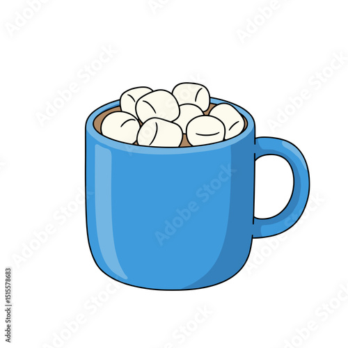 Blue mug filled with marshmallows on white background  
