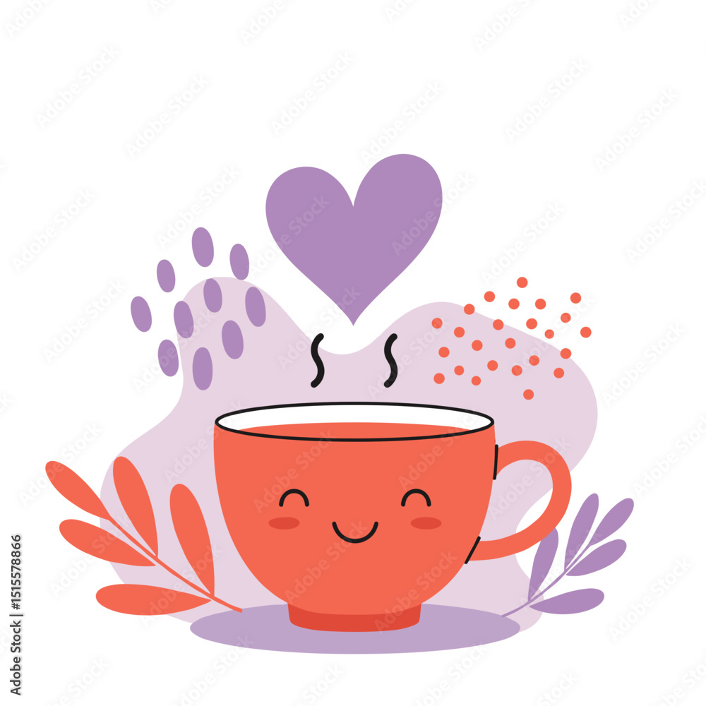 Happy cup with heart and leaves against colorful background Happy cup with heart and leaves against colorful background