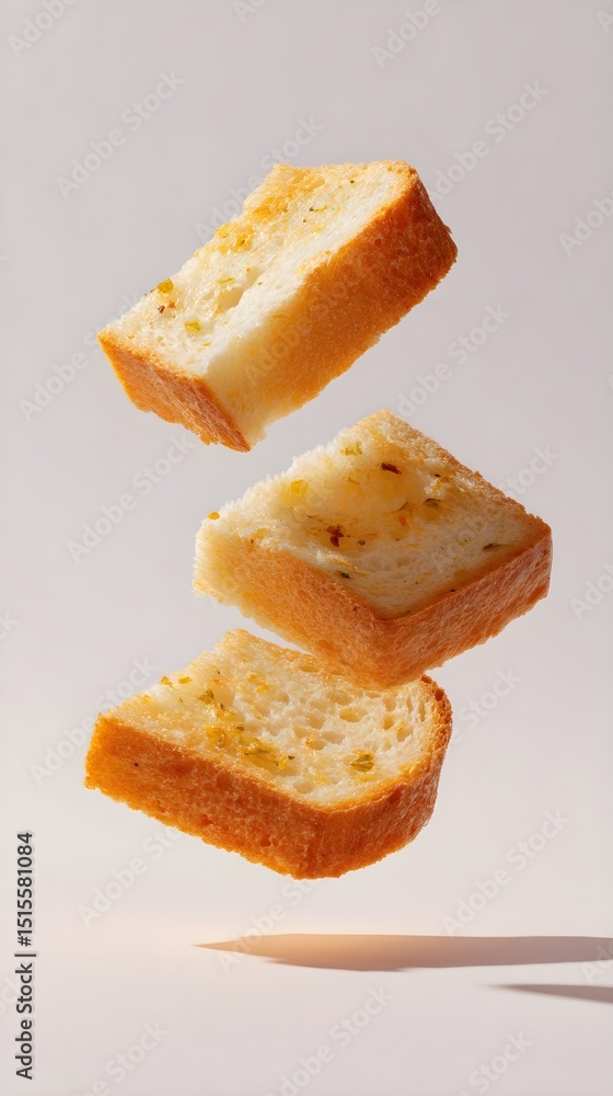 Falling Slices of garlic bread mid air. Bright and Minimal Composition. Minimalist Food Photography. vertical. Falling Slices of garlic bread mid air. Bright and Minimal Composition. Minimalist Food Photography. vertical.