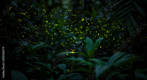 Mystical Forest Illuminated By Fireflies At Night Time In Summer Season