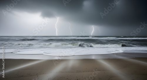 Dramatic Seascape Capturing Lightning Strikes Over Moody Ocean With Dark Clouds