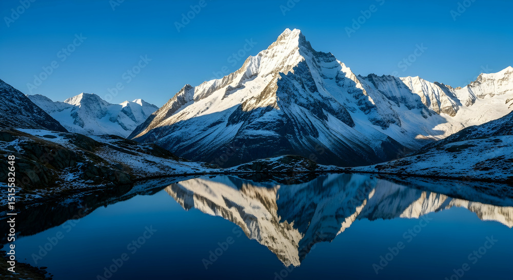 Fototapeta premium Majestic Mountain Peak Reflected in Serene Lake Under Clear Blue Sky