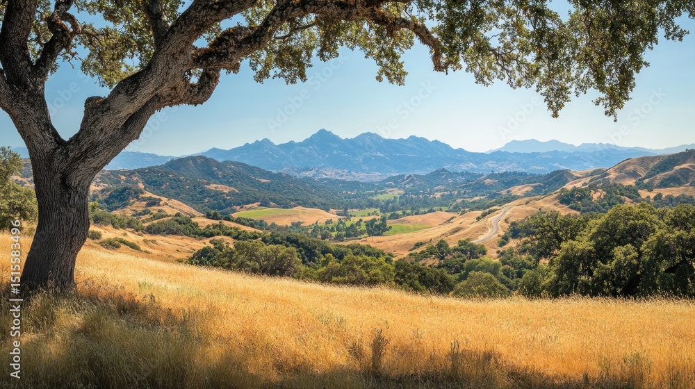 Fototapeta premium Serene Mountain Valley Landscape Under Summer Sky