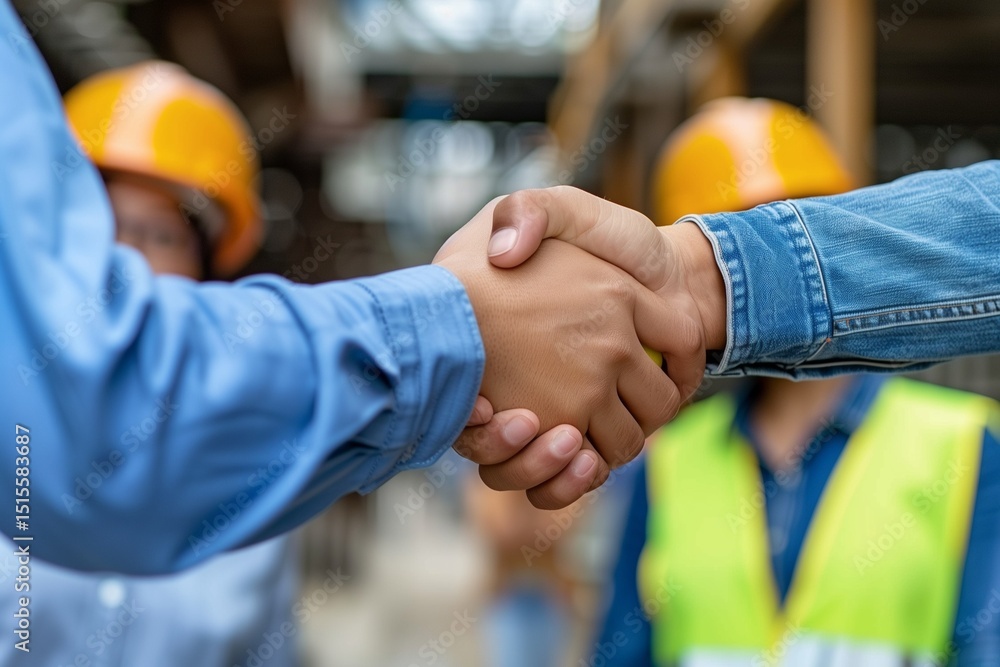 Collaborative Handshake Between Construction Workers in Safety Gear at Job Site Collaborative Handshake Between Construction Workers in Safety Gear at Job Site
