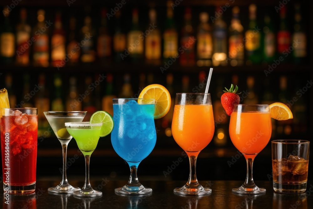 Vibrant array of colorful alcoholic cocktails and mixed drinks neatly arranged on a reflective bar counter with blurred shelves of liquor bottles in the background creating a lively bar atmosphere Vibrant array of colorful alcoholic cocktails and mixed drinks neatly arranged on a reflective bar counter with blurred shelves of liquor bottles in the background creating a lively bar atmosphere