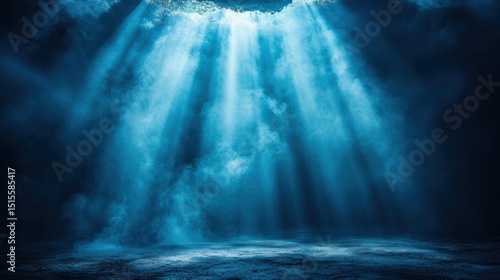 Mystical Turquoise Light Rays Flowing Through Foggy Dark Blue Ambient Empty Space Studio Scene