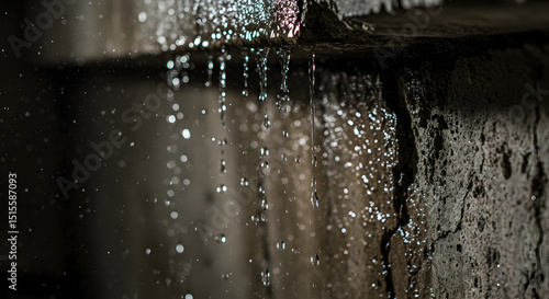 Water Droplets Cascading Down a Textured Stone Surface Creating a Dark Ambiance