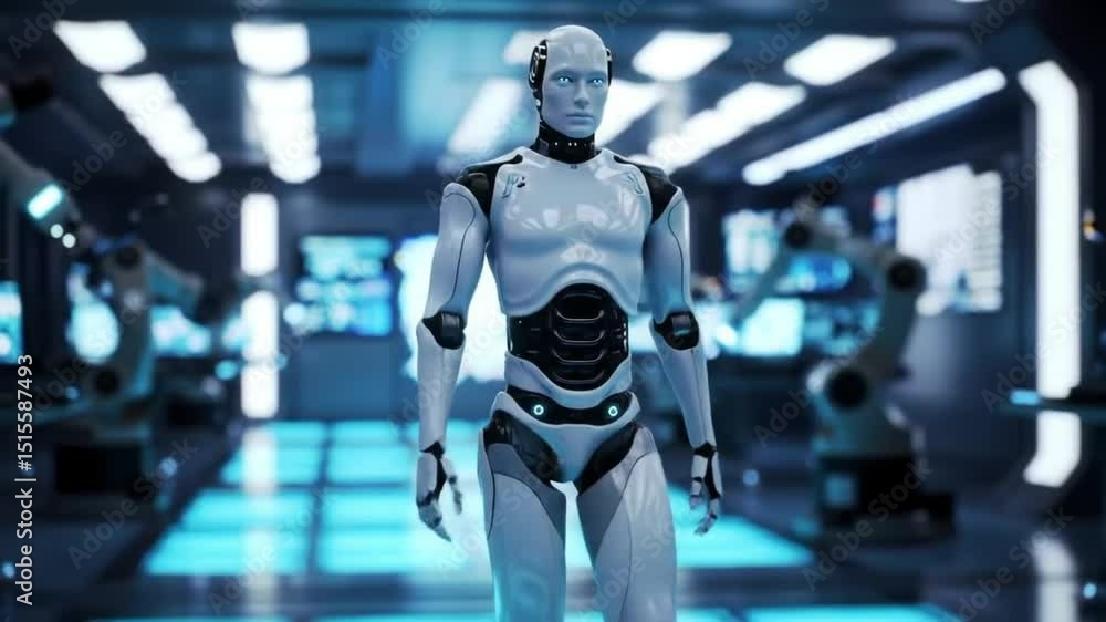 Humanoid Robot Walking Through Futuristic Lab Corridor Humanoid Robot Walking Through Futuristic Lab Corridor