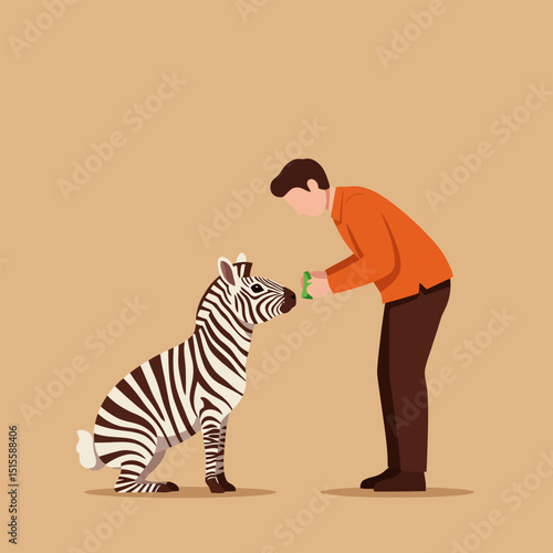 Person Feeding Zebra Sitting Down in Simple Cartoon Graphic Style