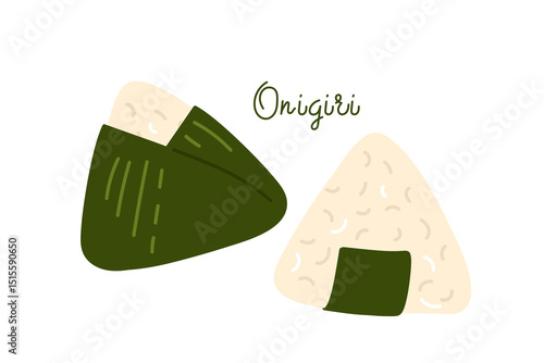 Unique onigiri rice balls illustrated with seaweed wraps in a simple design