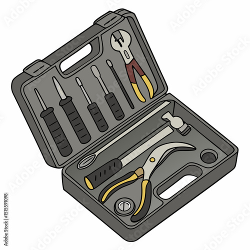 Handyman tool kit open grey case various tools