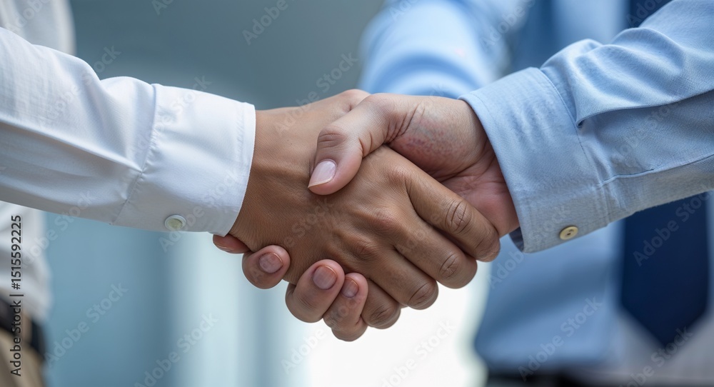 Close-up of handshake between two people in professional attire Close-up of handshake between two people in professional attire