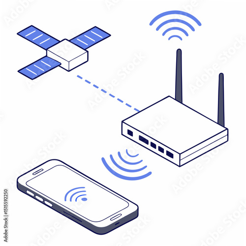 Professional isometric illustration satellite router smartphone network