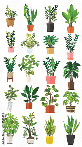 Botanical Illustration: Vibrant Greenery with Potted Indoor Plants for Modern Wellness and Interior Decor