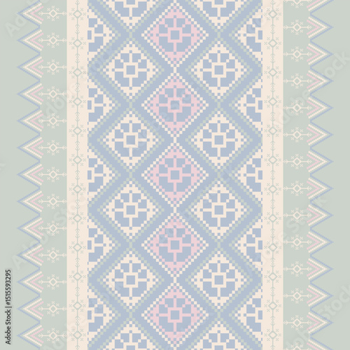 Traditional Ukrainian cross-stitch Detailed vector Illustration for textile printing design, on pixels green colors tones