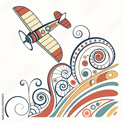 Retro airplane soaring over abstract swirls
