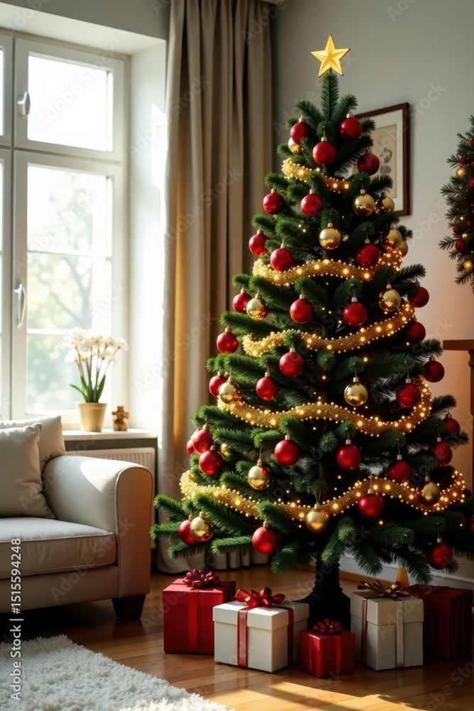 A beautifully decorated Christmas tree with rich red and gold ornaments in a bright living room , merry christmas, gold ornaments A beautifully decorated Christmas tree with rich red and gold ornaments in a bright living room , merry christmas, gold ornaments