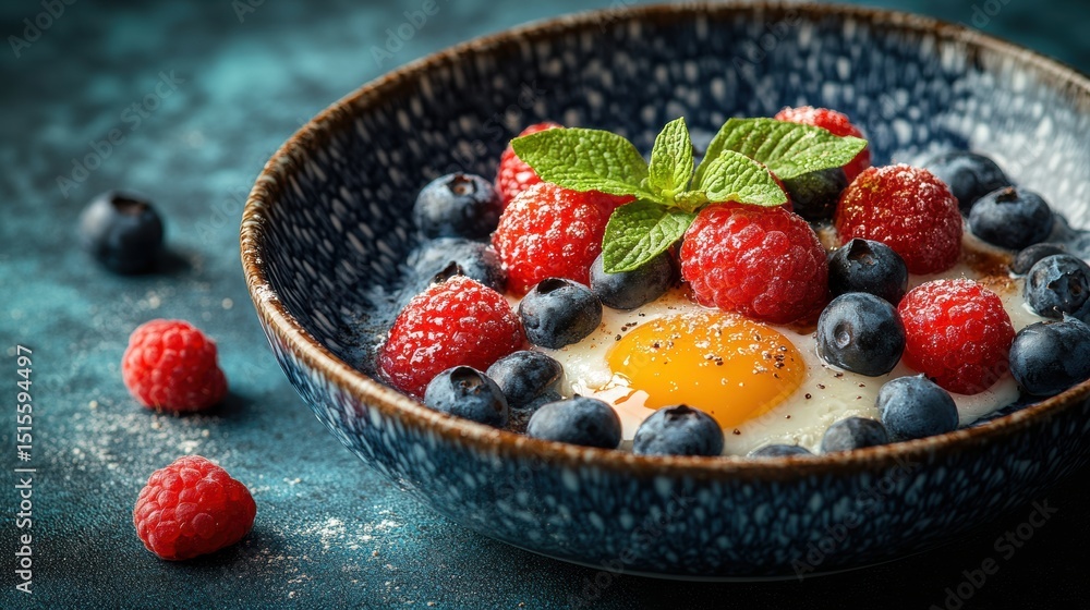 Delightful breakfast bowl with vibrant raspberries blueberries mint and fried egg closeup artistic composition Delightful breakfast bowl with vibrant raspberries blueberries mint and fried egg closeup artistic composition