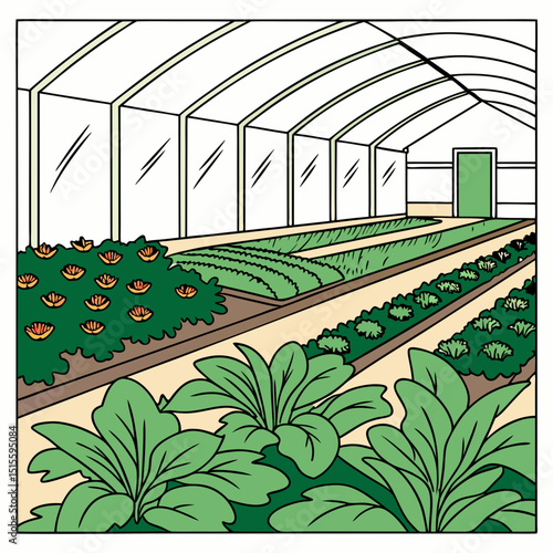 Greenhouse interior plants vegetables flowers isolated illustration
