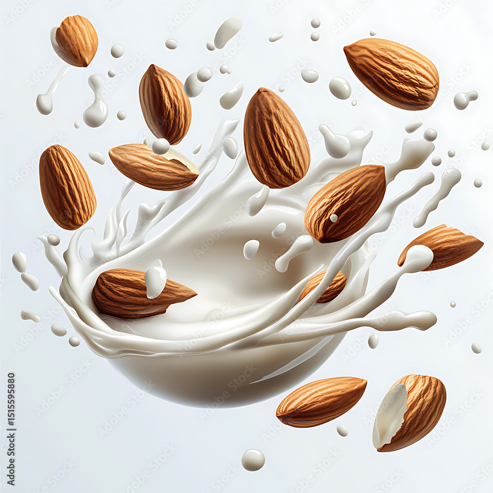 Naklejka premium Realistic and artistic representations of almonds, almond farming, processing, and almond-based products like milk, butter, and oil isolated on a white background.