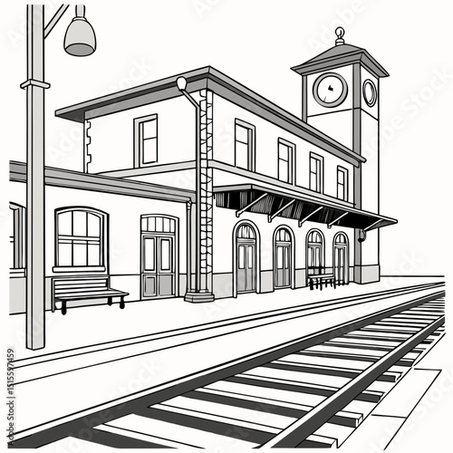 Vintage train station illustration, isolated cutout, transparent background