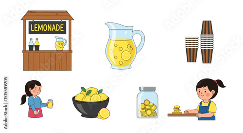 Illustration of a lemonade stand with girls, lemonade pitcher, lemons, and money jar on a white background
