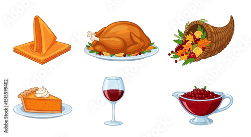 Illustration of a thanksgiving dinner with turkey, pie, wine, cornucopia and cranberry sauce