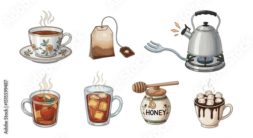 Illustration of tea cup, tea bag, kettle, iced tea, honey jar, and marshmallow hot chocolate drink