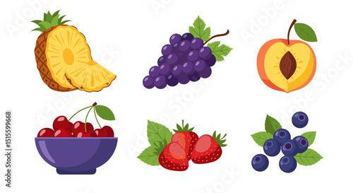 Illustration of a variety of fruits including pineapple grapes peach cherries strawberries and blueberries