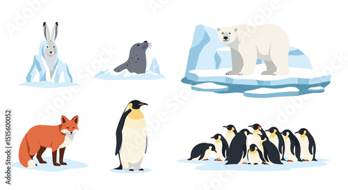 Illustration of arctic animals including a polar bear, fox, penguins, and a seal on ice floes