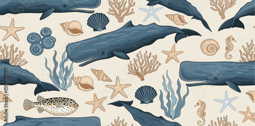 watercolor seamless pattern sperm whales starfish blowfish seahorse seashells, coral marine animals illustration design