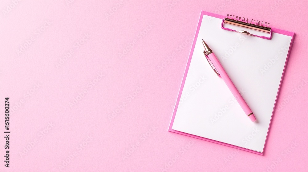 Pink Clipboard Checklist and Pen on Blush Pink Background Pink Clipboard Checklist and Pen on Blush Pink Background