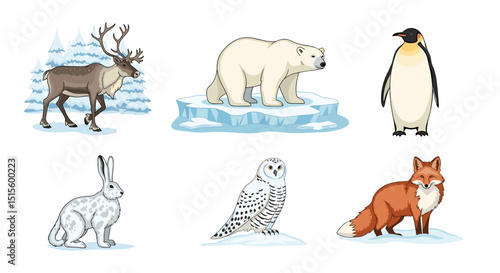 Illustration showing a reindeer polar bear penguin hare snowy owl and fox in a cold environment scene
