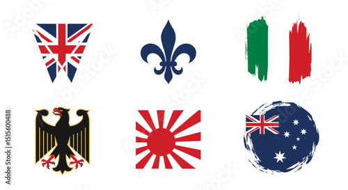 Illustration of various national flags and symbols including uk fleur de lis germany and japan flag designs
