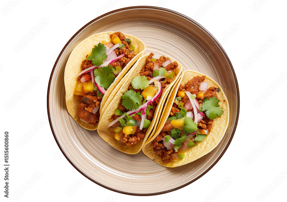 Fototapeta premium Mexican gourmet tacos on cute beige ceramic plate top view isolated on transparent or white background