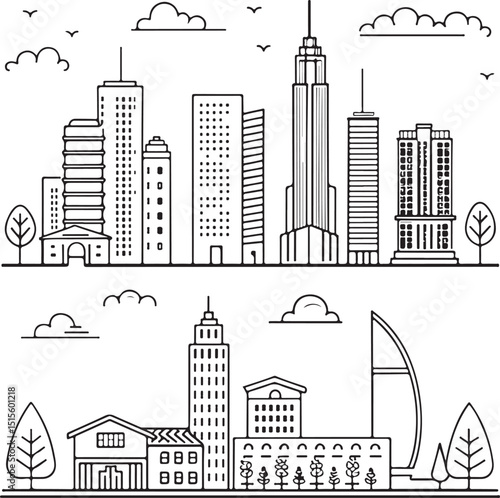 Illustrated urban skyline with multiple modern skyscrapers and architectural designs under cloudy skies.