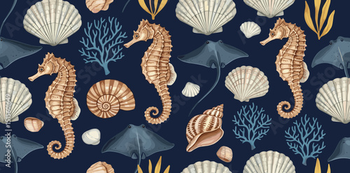 watercolor seamless pattern seahorse stingray seashells coral, underwater ocean creatures hand painted marine style