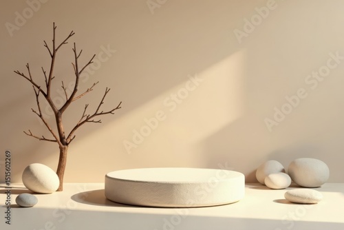 Serene Minimalist Display  A circular platform with stones and a branchless tree, bathed in soft light against a neutral backdrop.