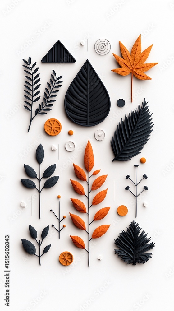 Geometric Autumn Leaves Illustration with Orange and Black Shapes on White Background Geometric Autumn Leaves Illustration with Orange and Black Shapes on White Background