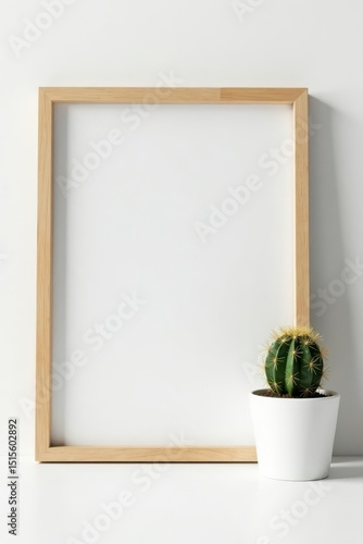 Clean white backdrop, picture frame, small cactus , product, display, desk