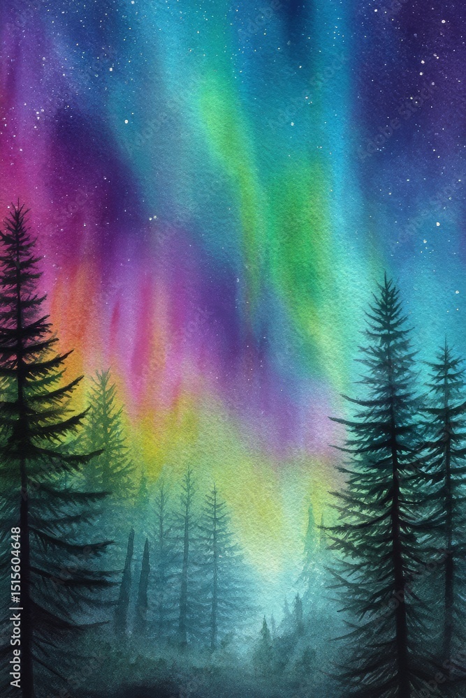 Fototapeta premium Stunning Watercolor Painting of the Enchanting Aurora Borealis Above Majestic Pine Forests