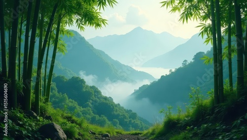 Serene bamboo forest, mist-shrouded mountains , clouds, mountain