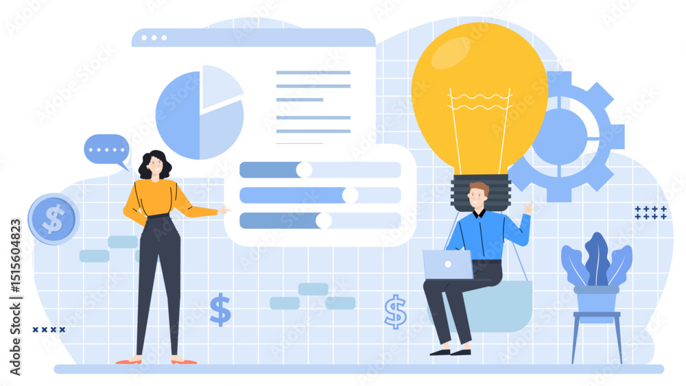 Two people inside a lightbulb presenting financial analysis. Suitable for articles on innovative financial strategies, creative business solutions, and teamwork. Two people inside a lightbulb presenting financial analysis. Suitable for articles on innovative financial strategies, creative business solutions, and teamwork.